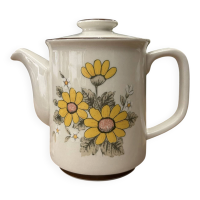 Théière vintage en grès à fleurs jaunes et blanches – années 60/70