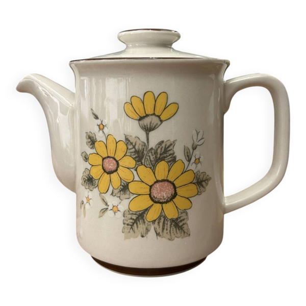 Théière vintage en grès à fleurs jaunes et blanches – années 60/70