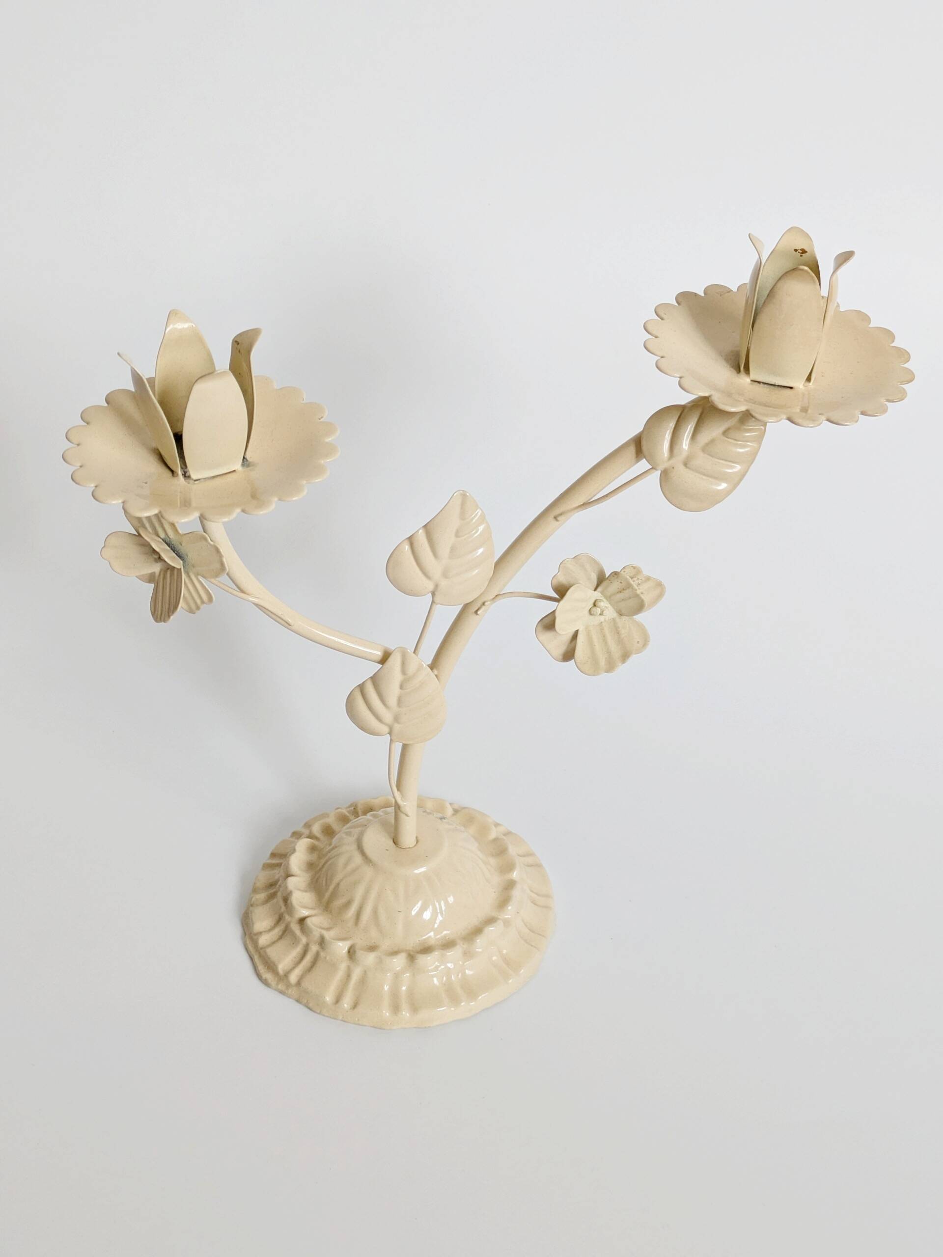 Vintage Italian white painted cast iron candlestick, floral motif, 1970s