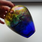 Vase verre irisé multicolore et bleu cobalt canada robert held signé