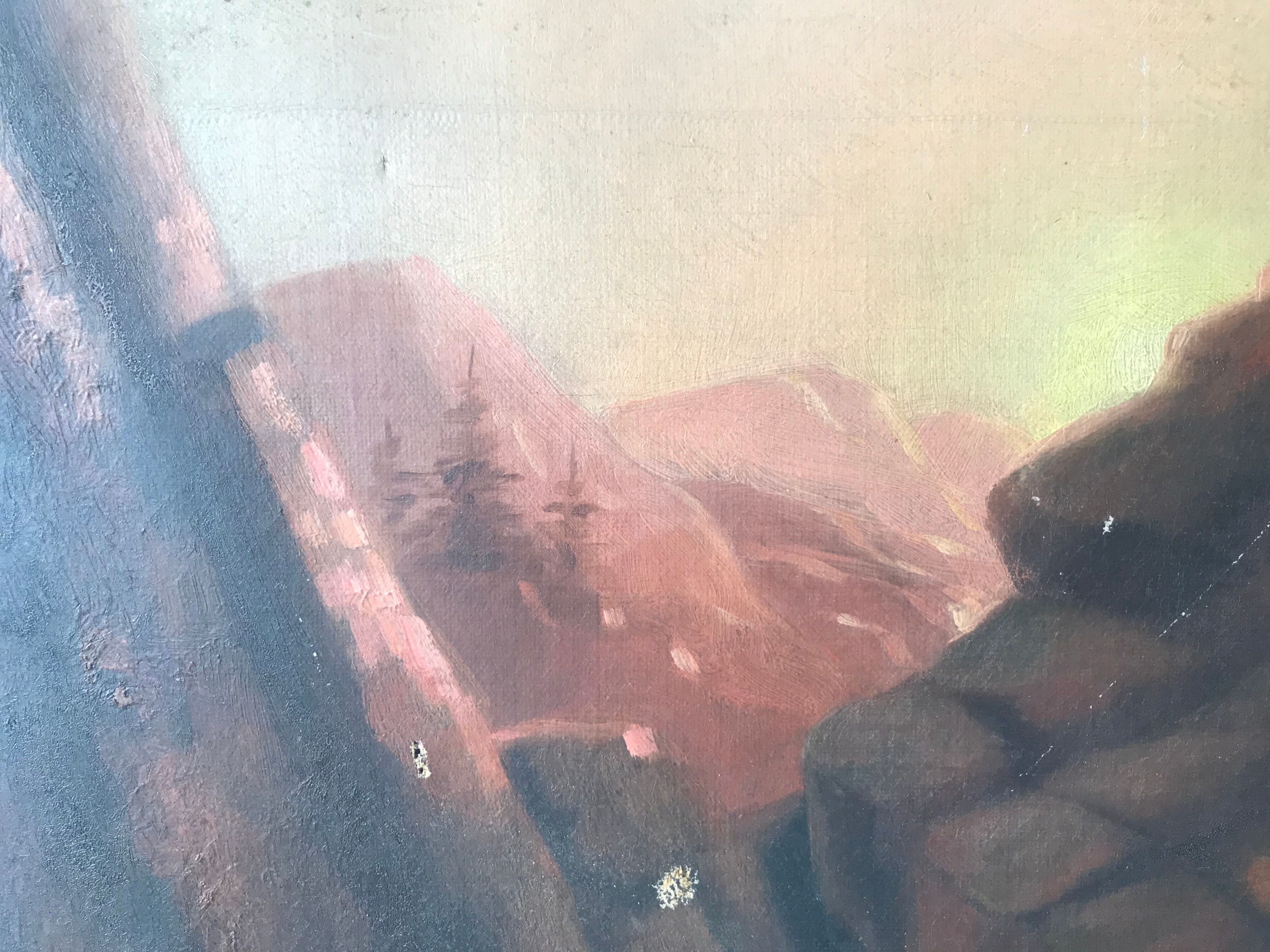 Ancient oil on canvas painting North American waterfall landscape