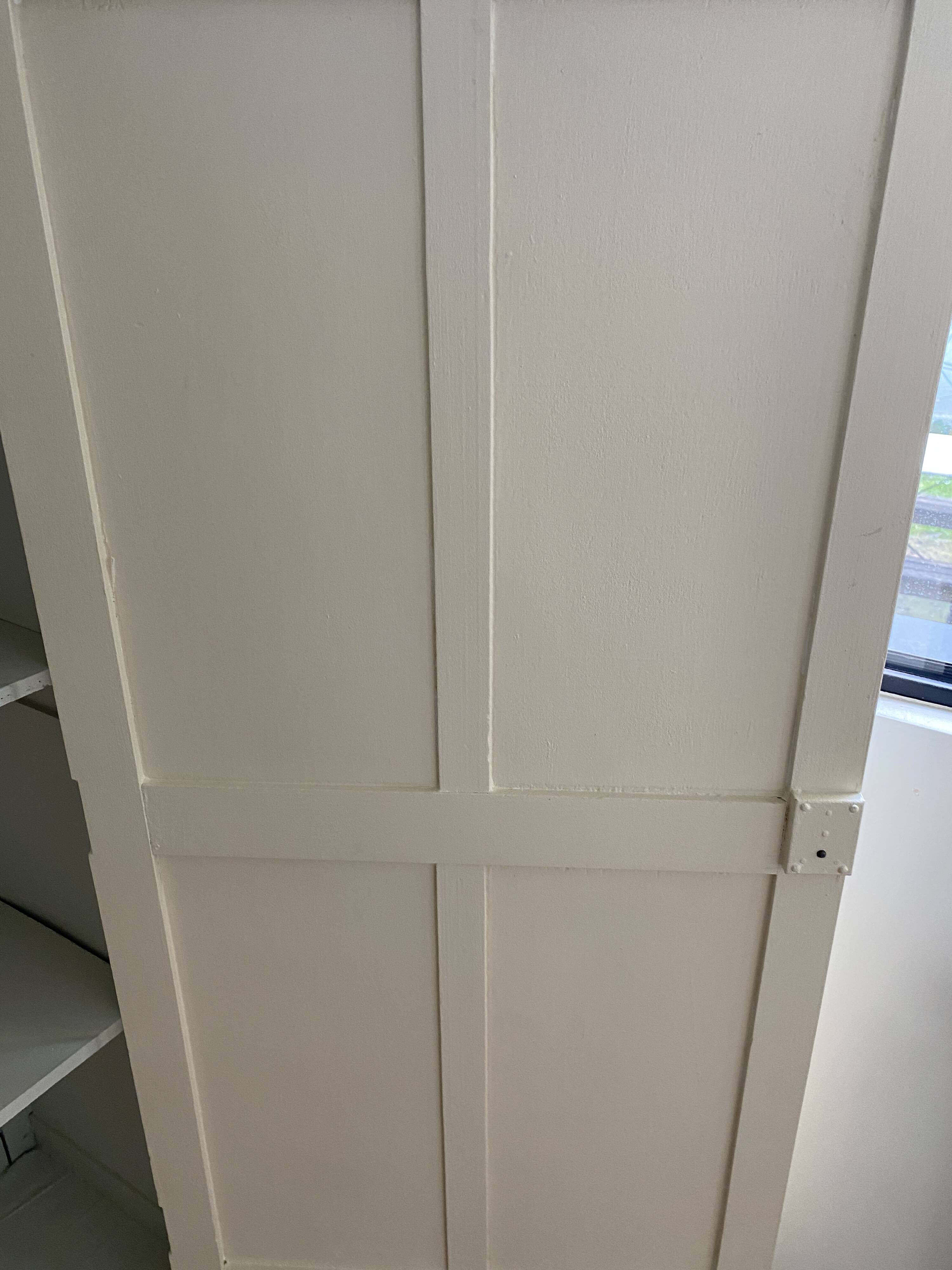 Vintage Parisian wardrobe painted in linen white, one door, three shelves
