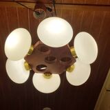 Scandinavian teak and white opaline chandelier with 6 lights from the 70s