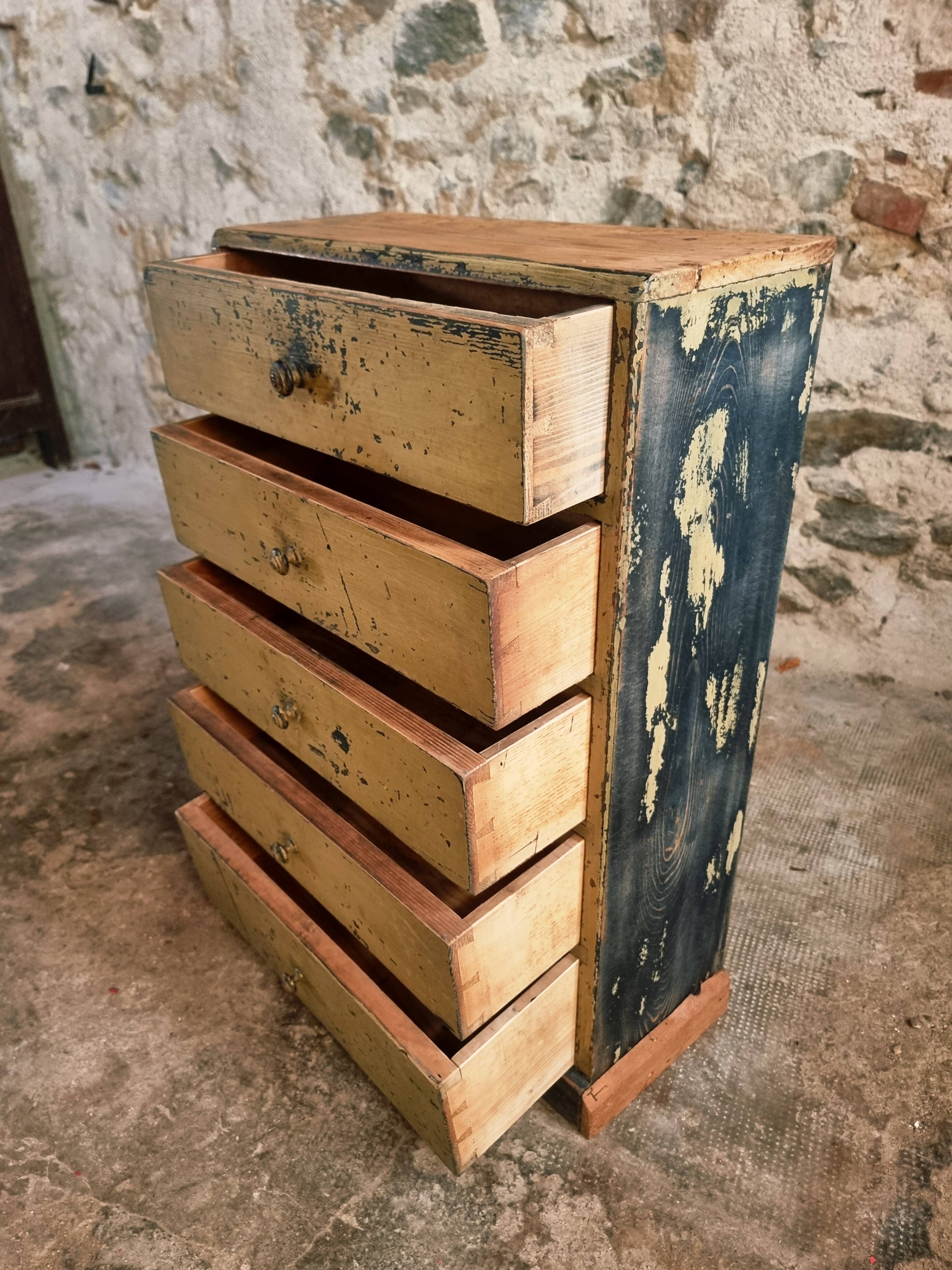 Antique French pine drawer cabinet – Narrow storage unit – Workshop/apothecary style – circa 1900