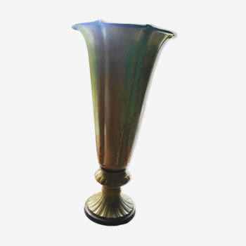 Vase haut en métal émaillé vintage dans les tons jaunes patiné