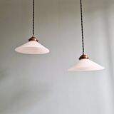 Pair of Art Deco conical white opaline pendants, 1920-30.