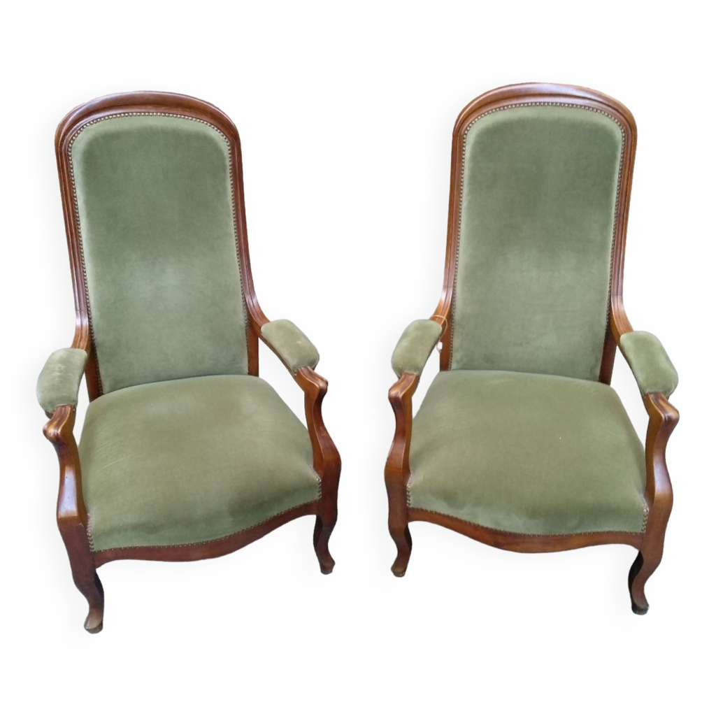 Lot De 2 Fauteuils VOLTAIRE Vintage Avec Repose-pieds - Velours Refaits à Neuf