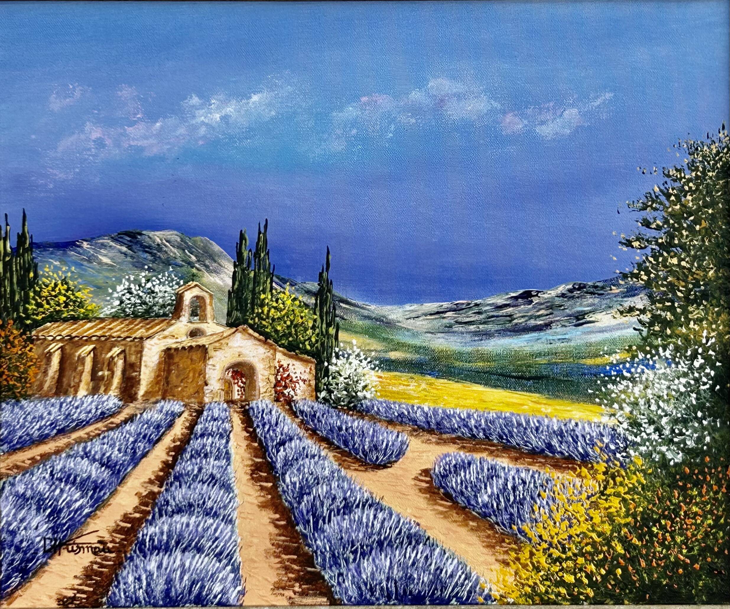 Oil on canvas, Chapel of Provence, lavender fields signed Ehrisman