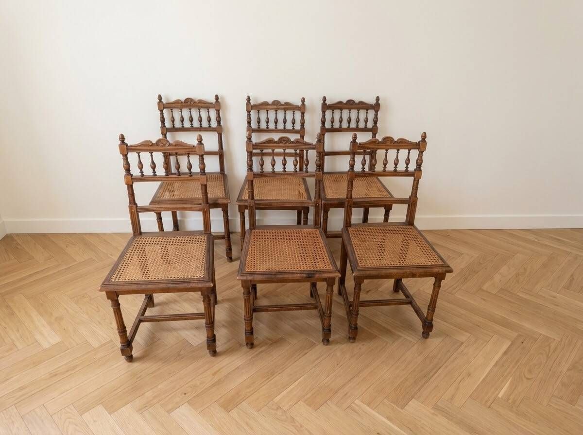 Lot de 6 chaises vintage en bois et canage
