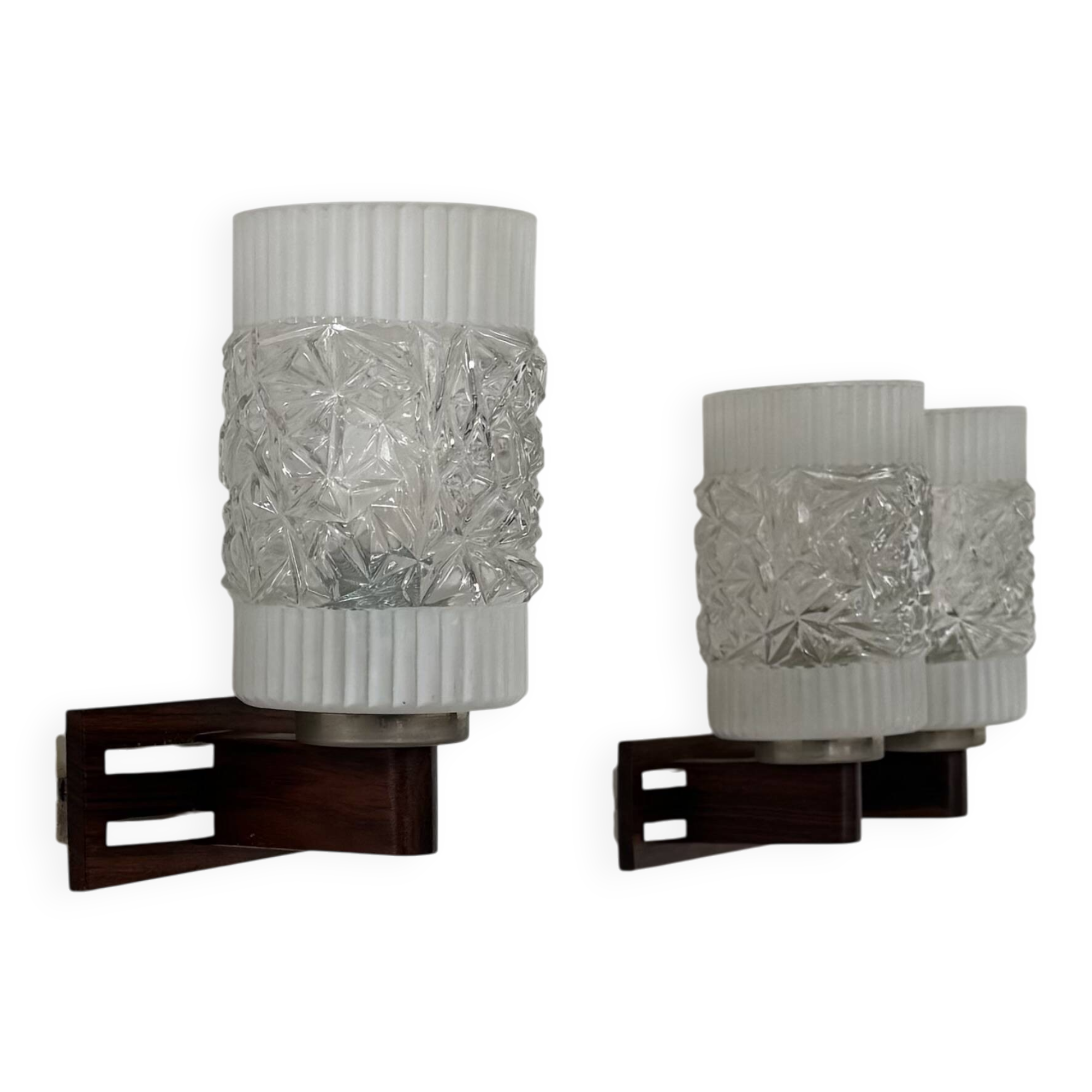 Pair of vintage wall lights, chrome, rosewood and pressed moulded glass, France