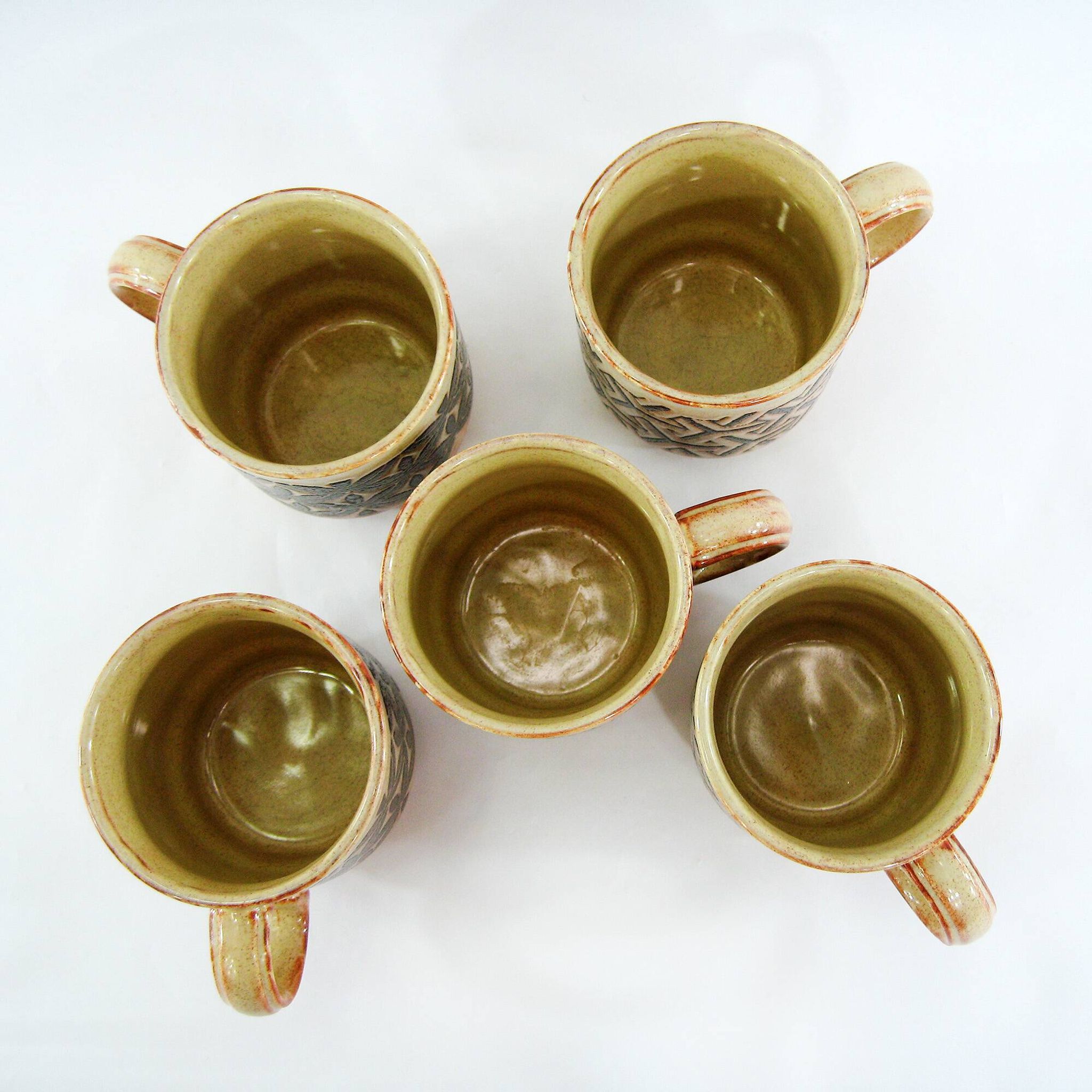 5 beige and fawn stoneware mugs - brown geometric decor - made in England - vintage 70s