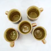 5 beige and fawn stoneware mugs - brown geometric decor - made in England - vintage 70s
