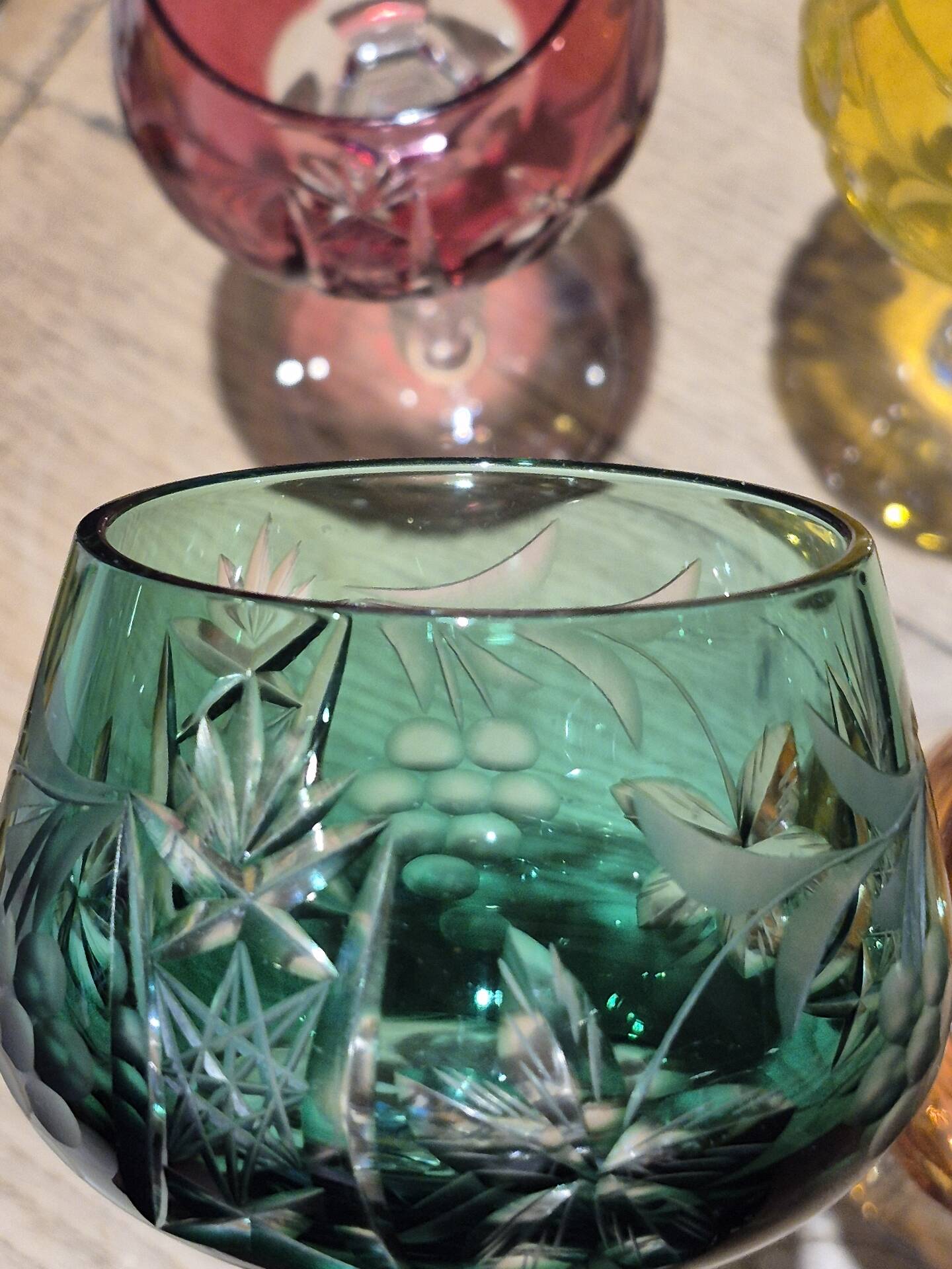 Set of 4 vintage coloured cut crystal wine glasses
