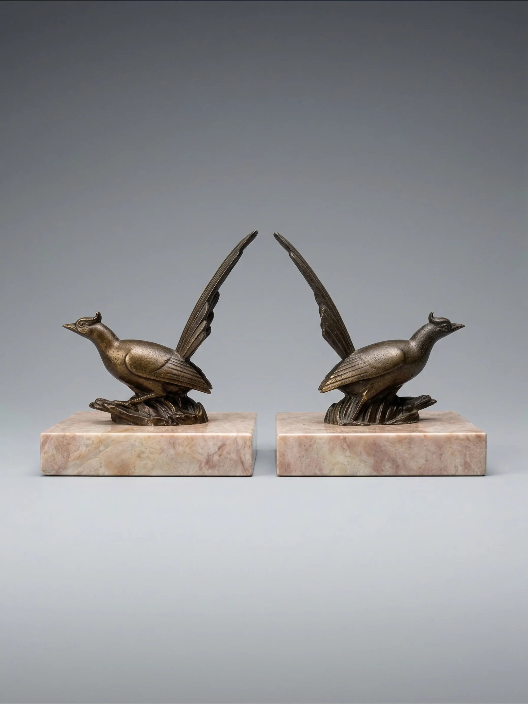 Art Deco bookends with birds – patinated metal and pink marble
