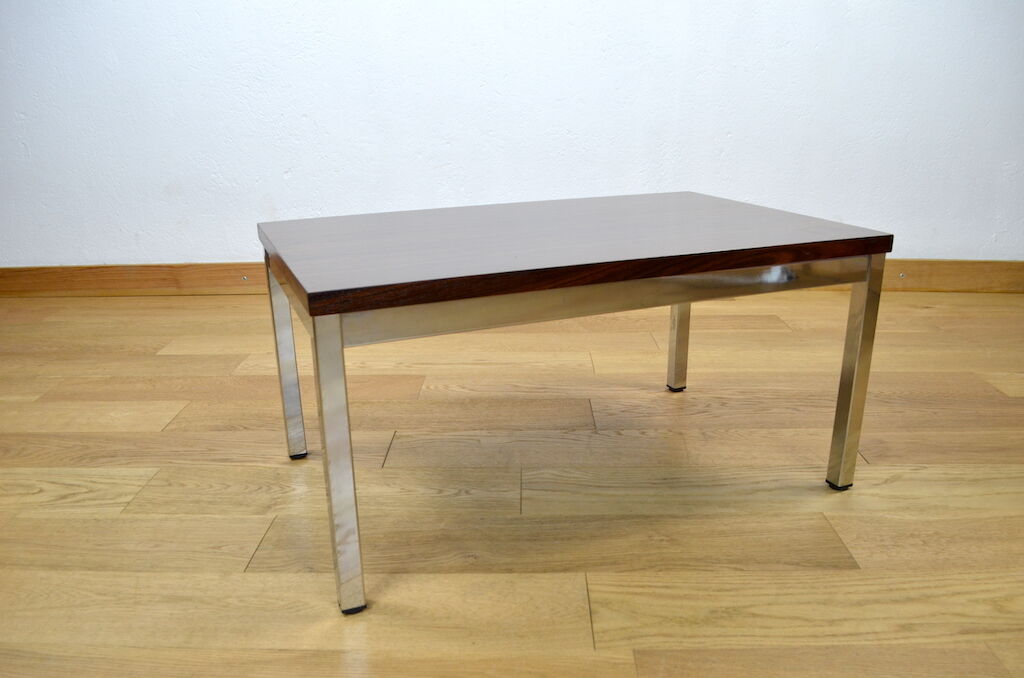 Table basse vintage bois & chrome 1970