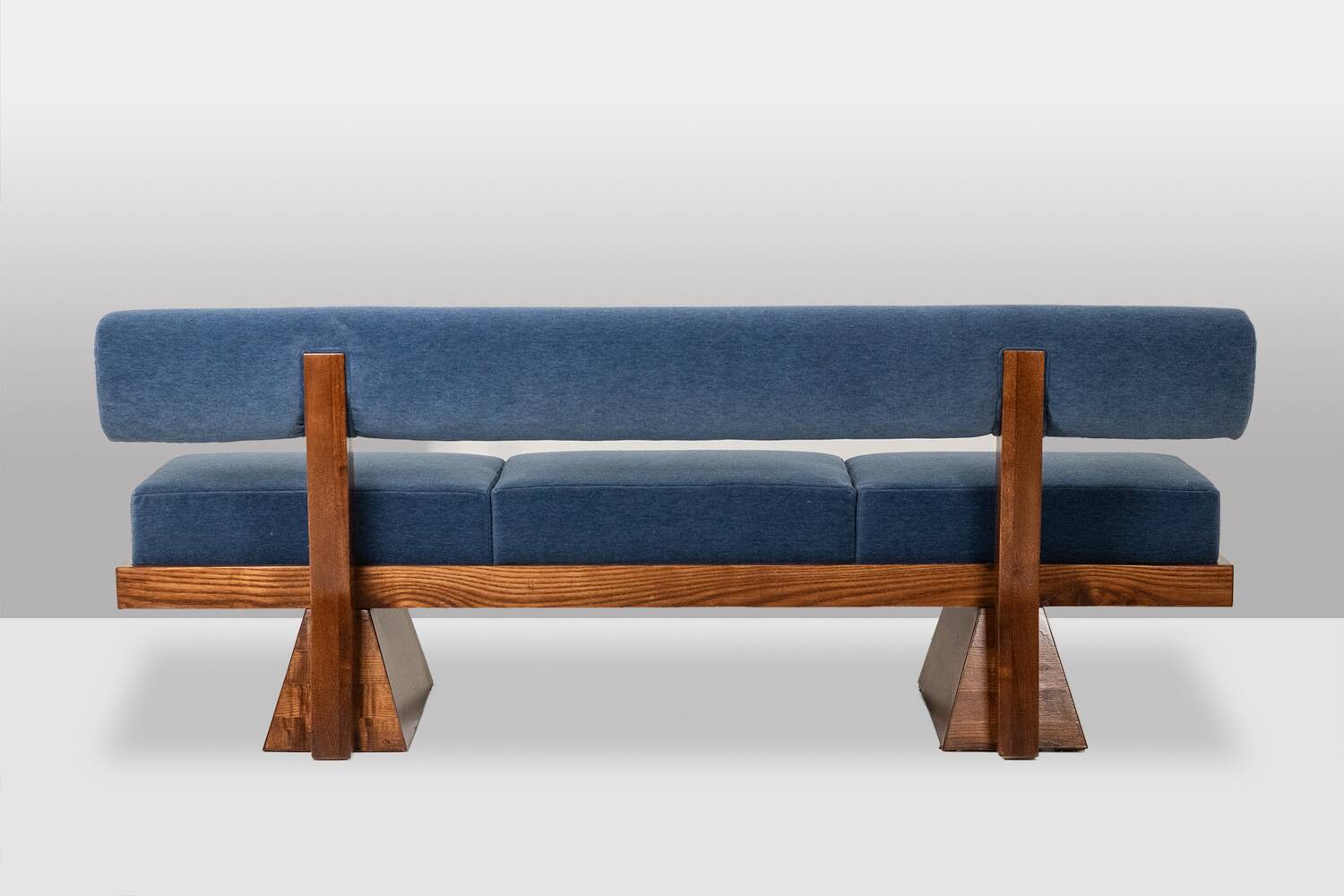 Three-seater bench in light ash and blue mohair velvet. Contemporary.