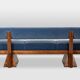 Three-seater bench in light ash and blue mohair velvet. Contemporary.
