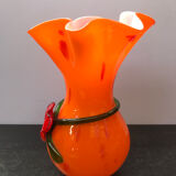 Vase verre multicouche orange col corolle vintage