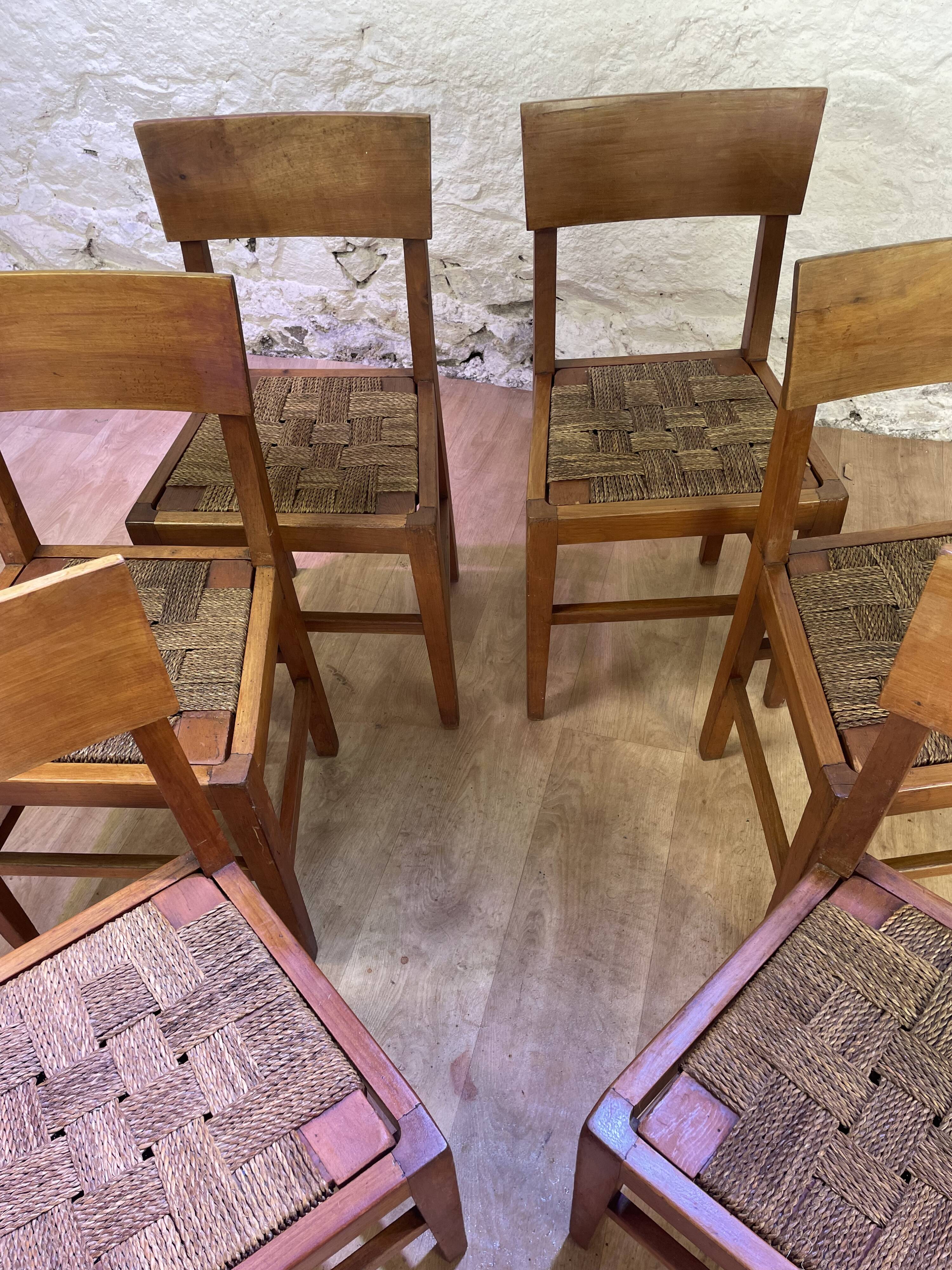 Set of 6 wooden and braided rope chairs