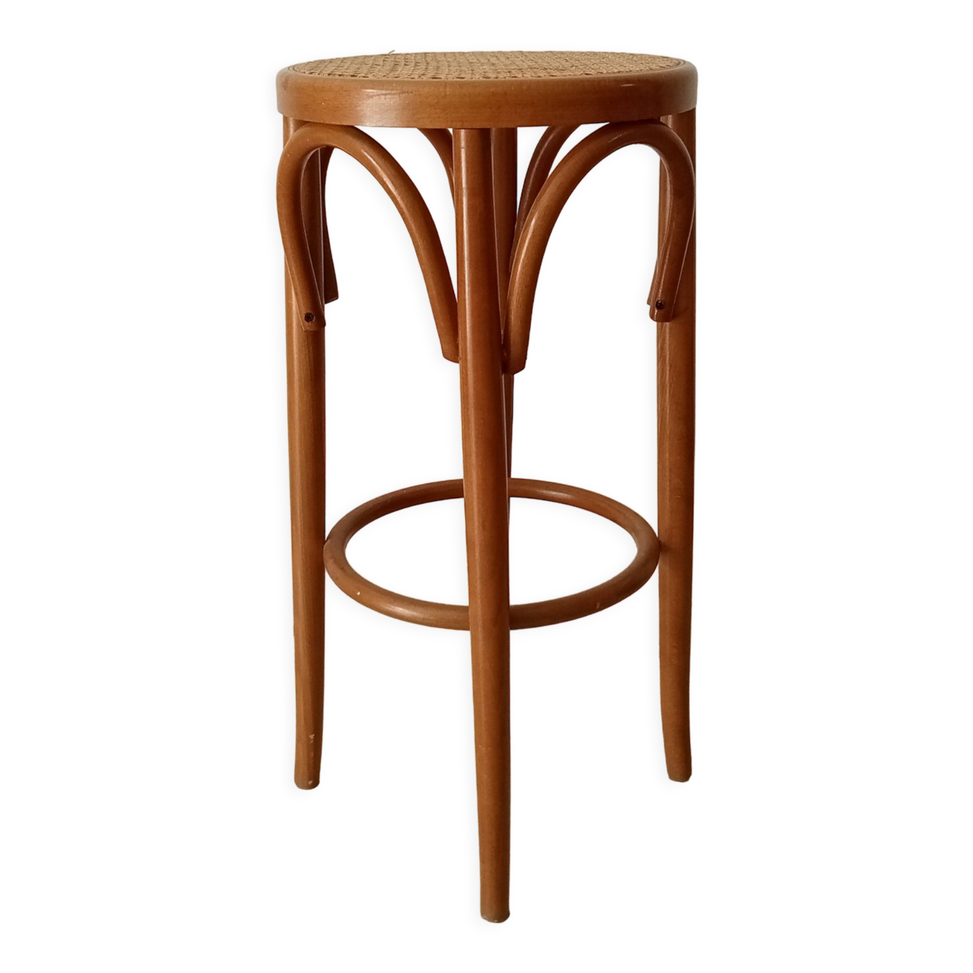 Vintage curved wooden high stool and tanned seat