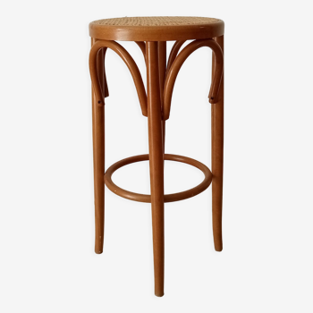 Tabouret haut vintage en bois courbé et assise cannée