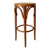 Tabouret haut vintage en bois courbé et assise cannée