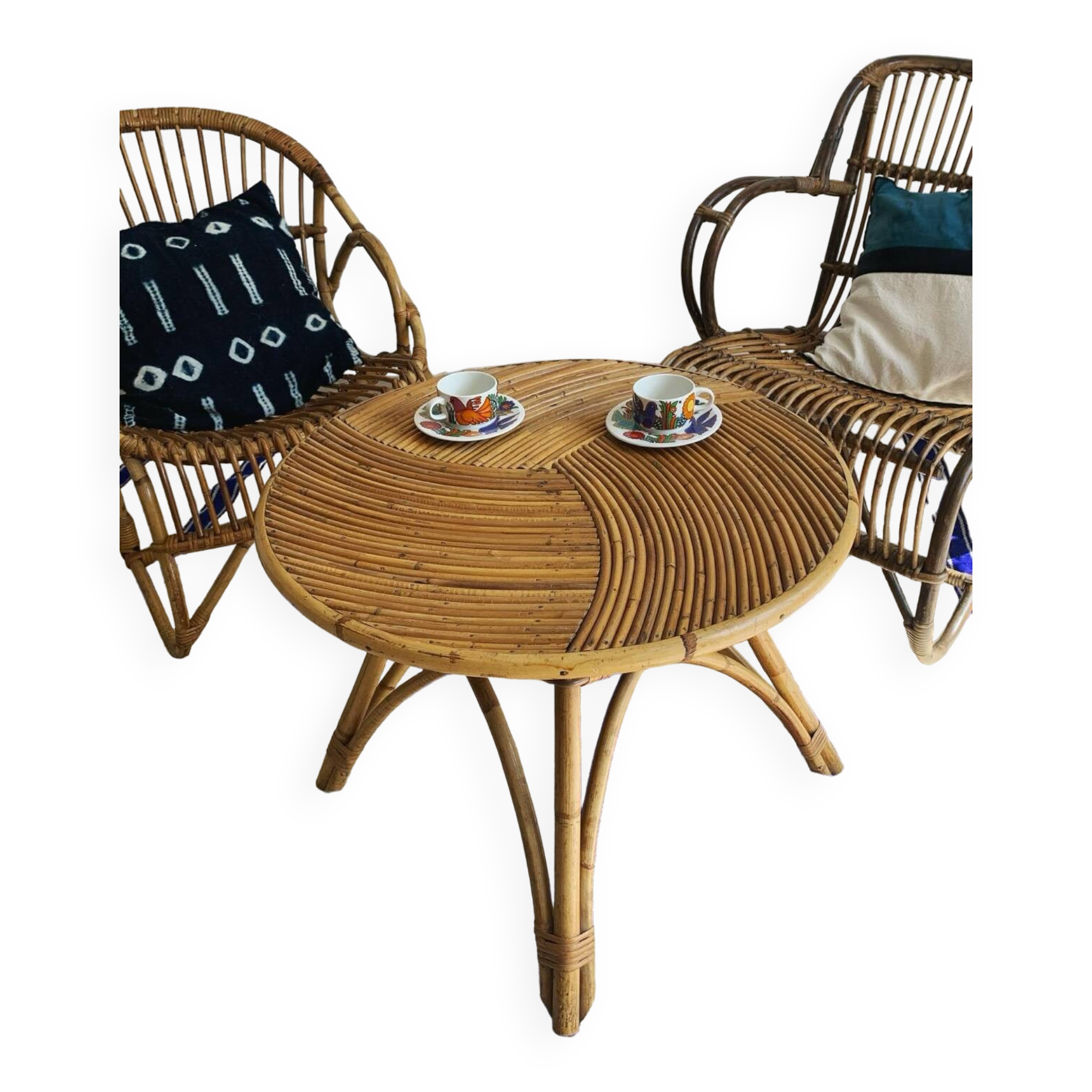 Vintage rattan and bamboo coffee table
