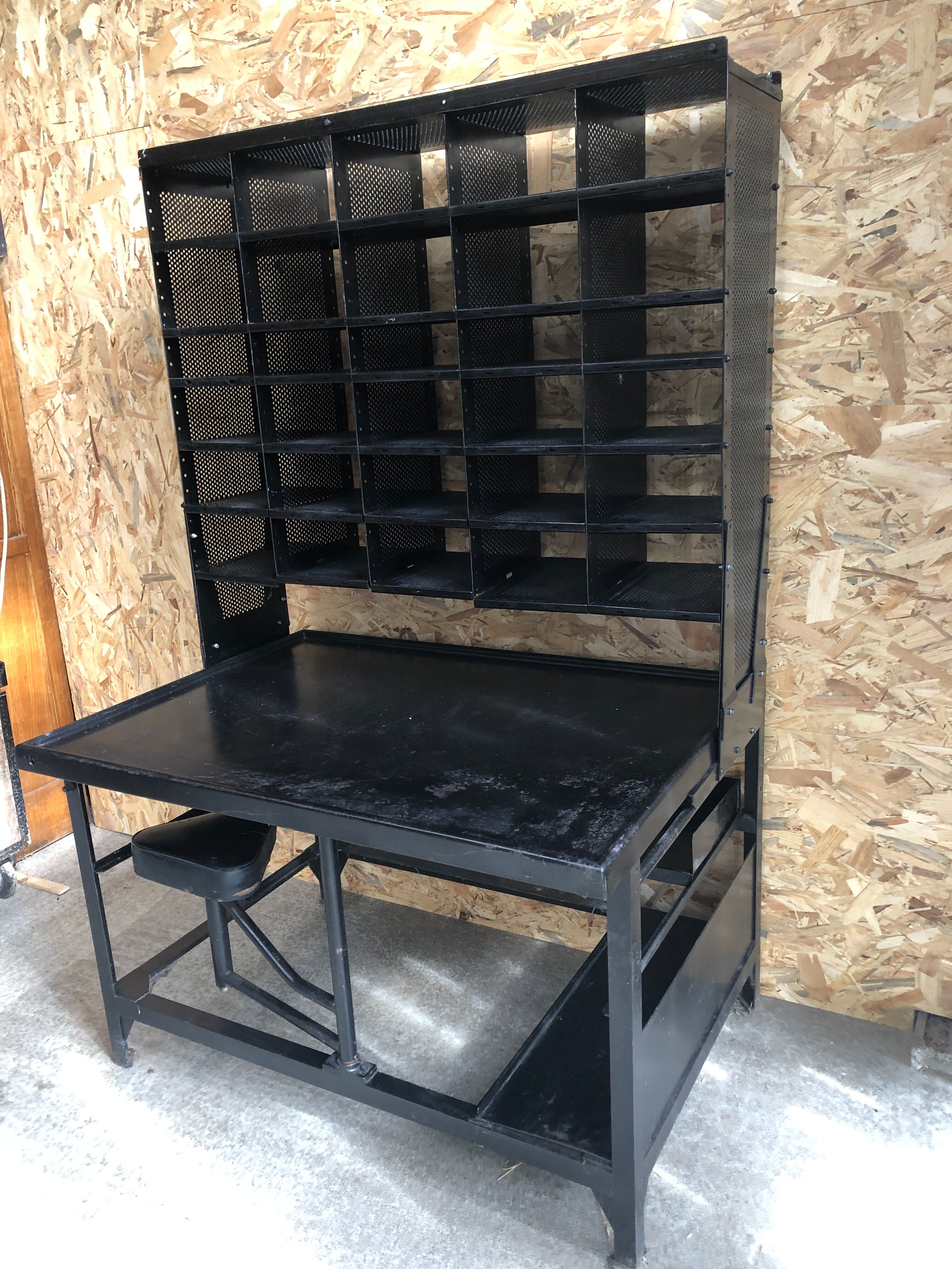 Old black metal postal sorting furniture + 30 perforated lockers + vintage stool