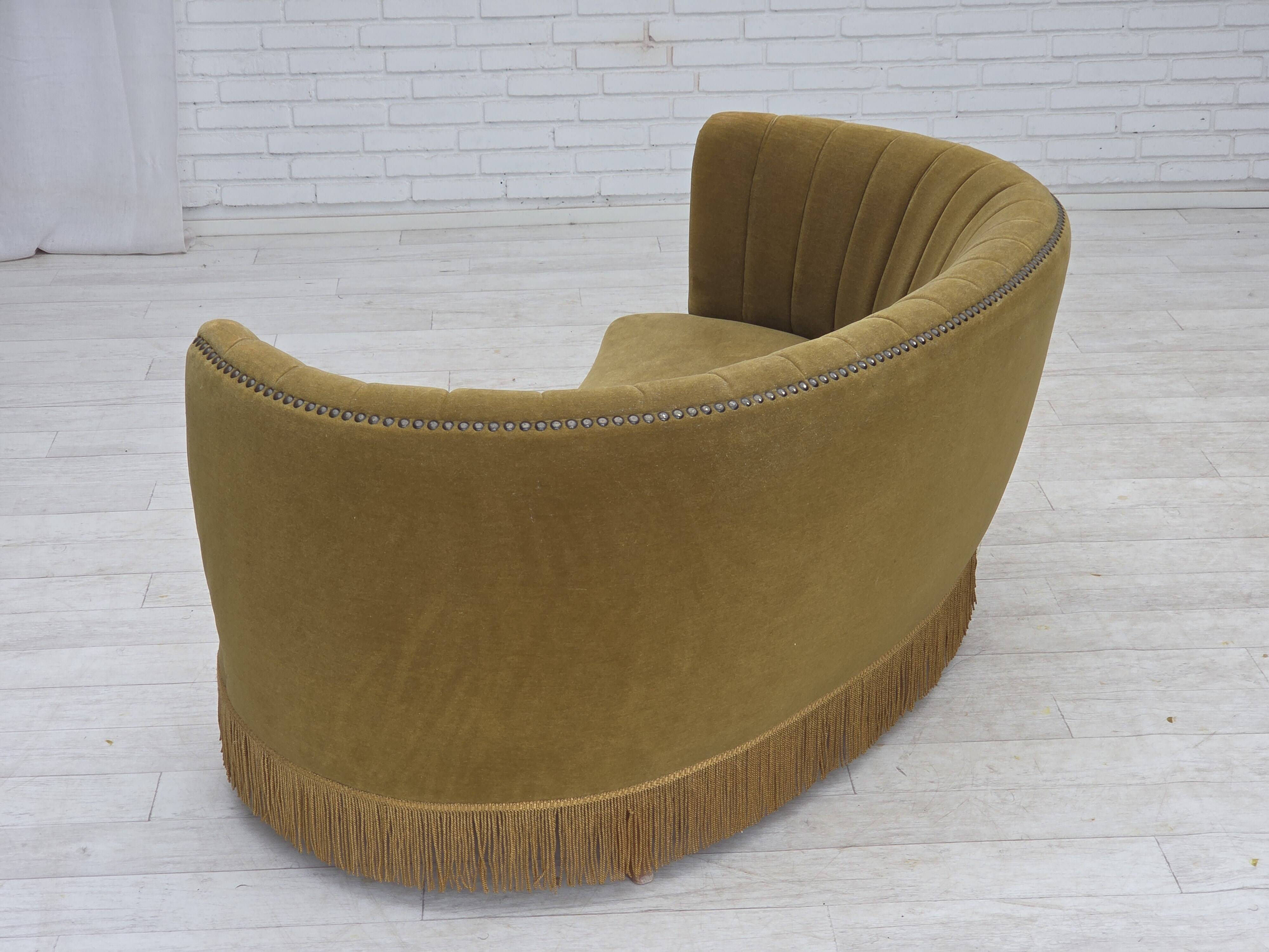 1970s, Danish 2-seater "Banana" sofa, green furniture velour.