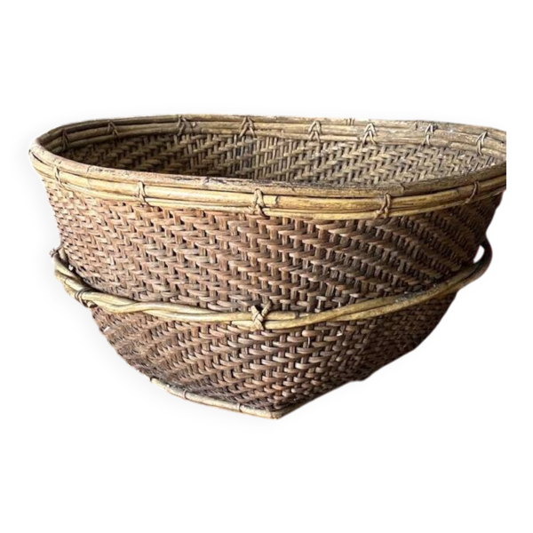 Grand panier artisanal ancien en bambou tressé – Asie du Sud-Est