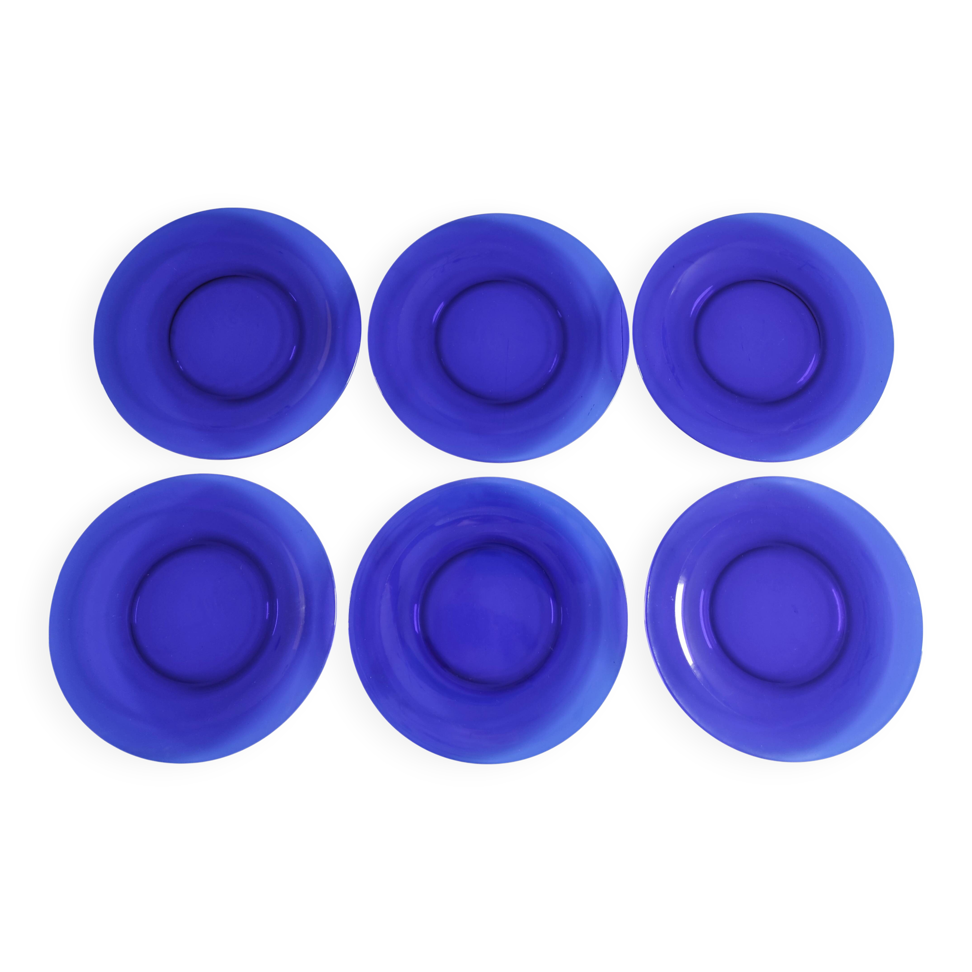 6 blue glass dishes
