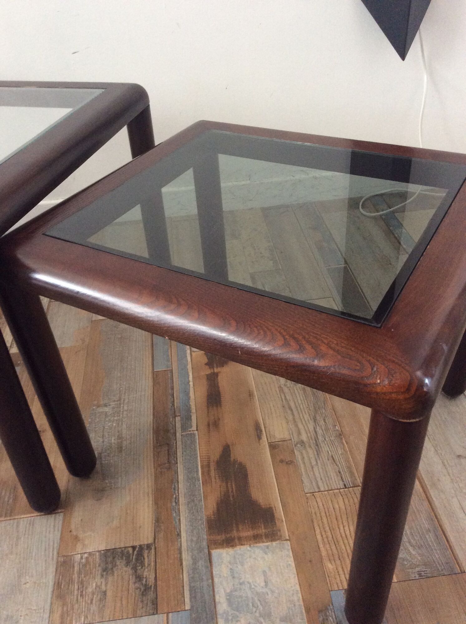 Series of 3 wooden and glass tables from the 70s