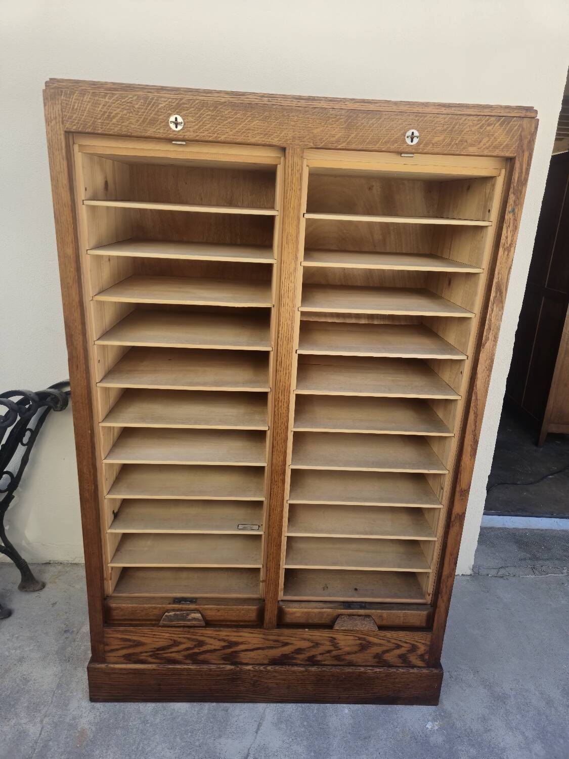 Antique 1950s double sliding door filing cabinet with curtains