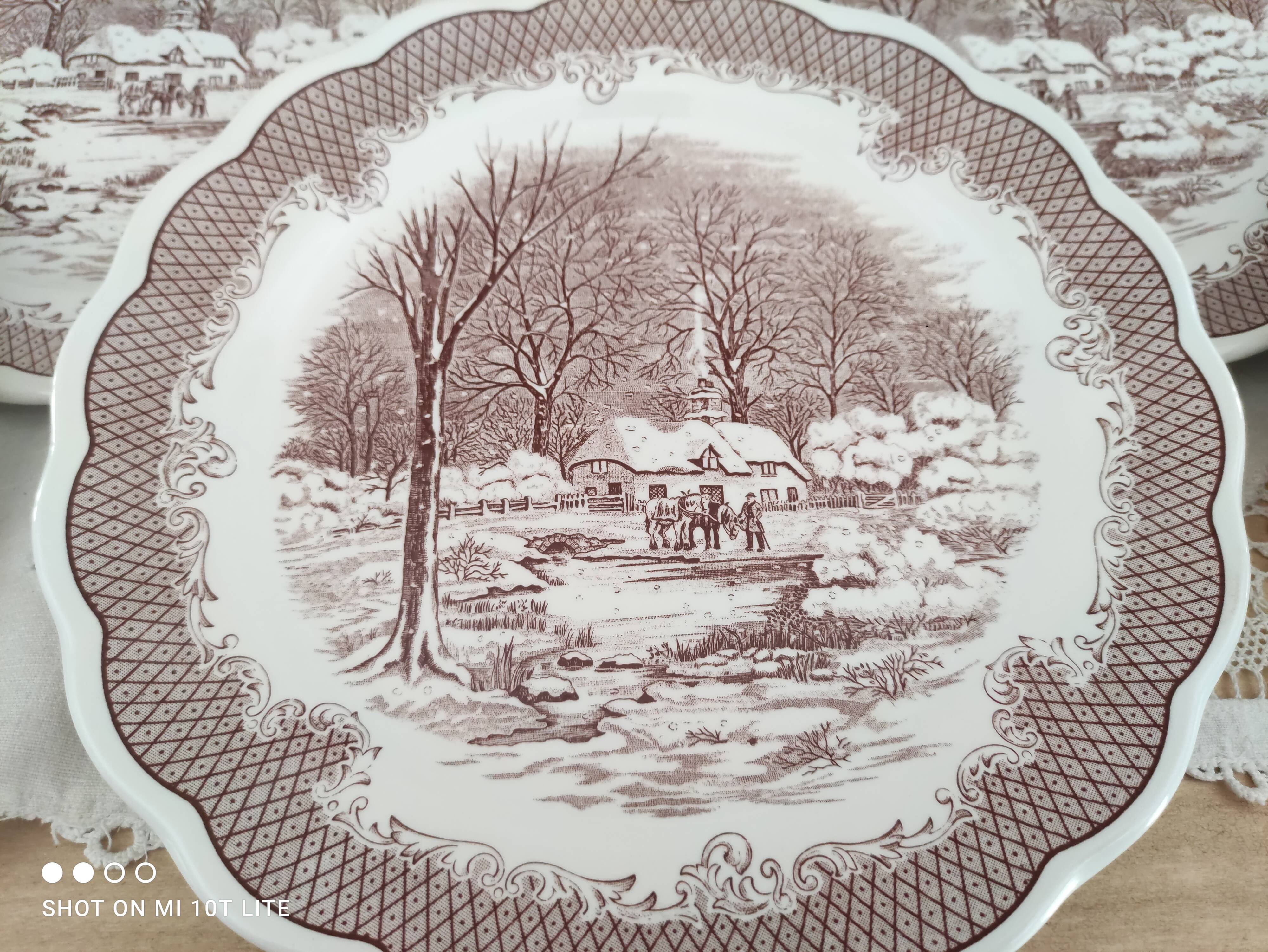 Set of 12 Swiss Landscape HE dinner plates with brown winter decor