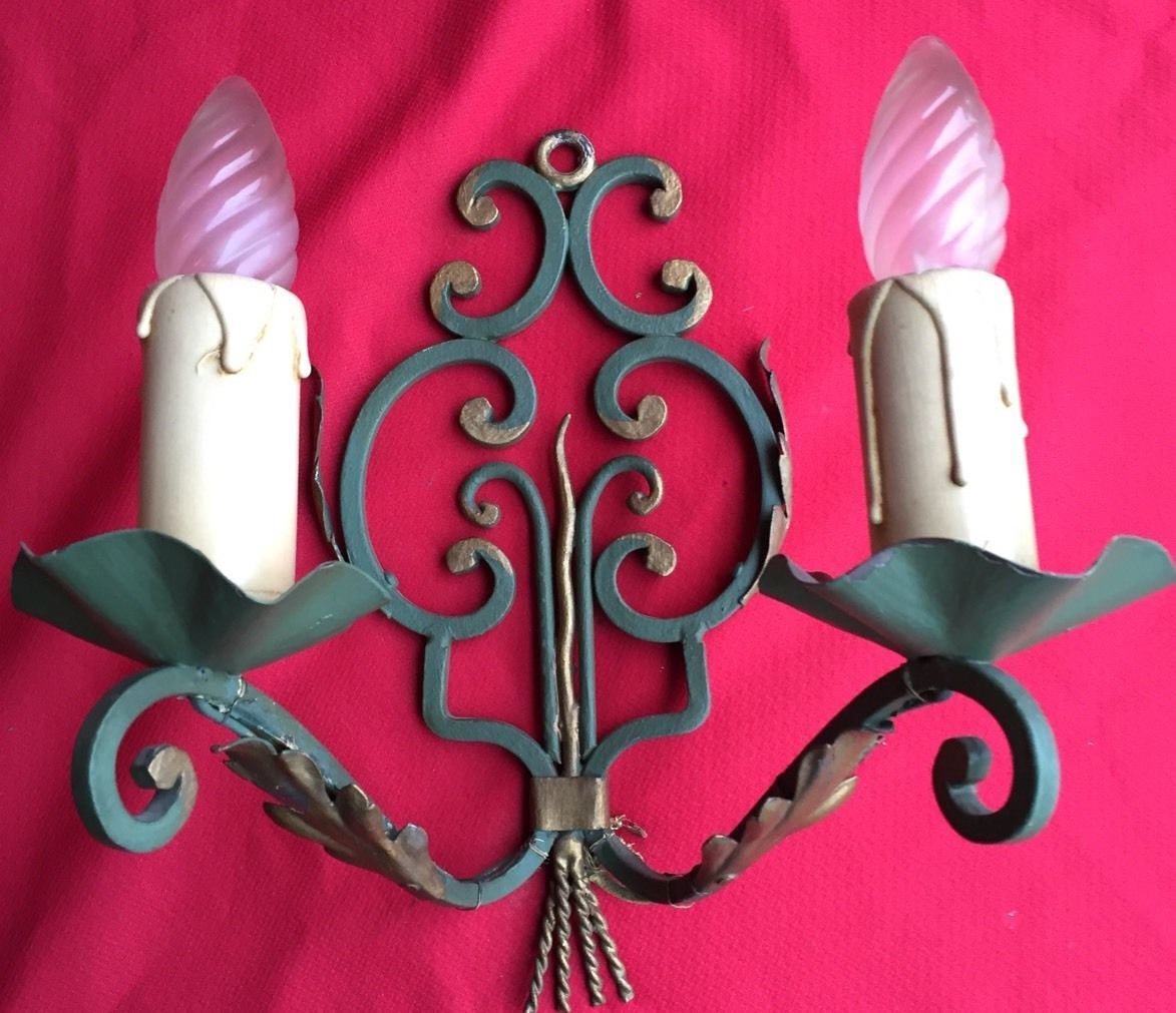 Pair of green wrought iron appliques with golden acanthus leaves