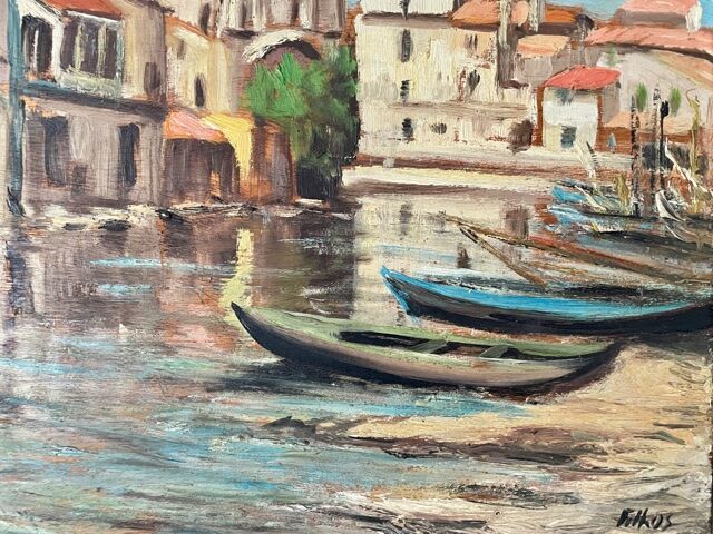 Painting signed Filhos oil on panel 1950 "Martigues"