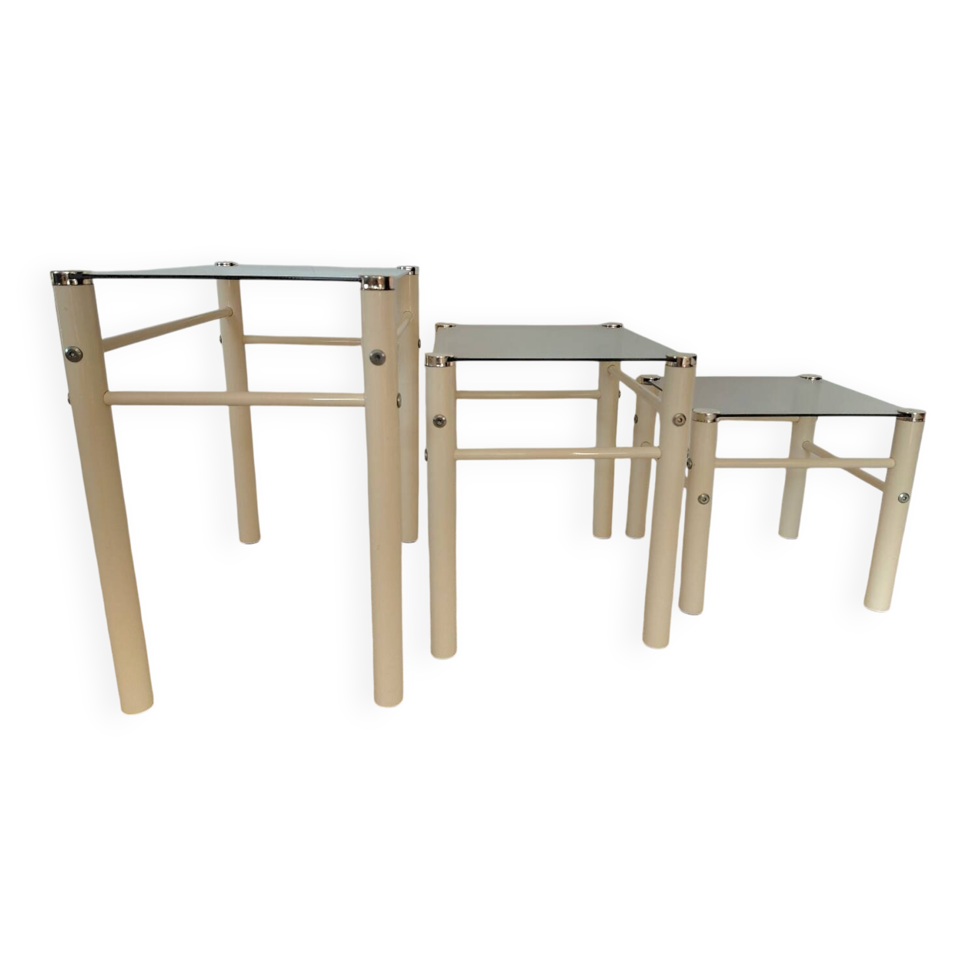 Vintage nesting tables Boutboul - cream metal and smoked glass - 70s design.