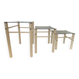 Vintage nesting tables Boutboul - cream metal and smoked glass - 70s design.