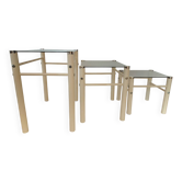 Vintage nesting tables Boutboul - cream metal and smoked glass - 70s design.