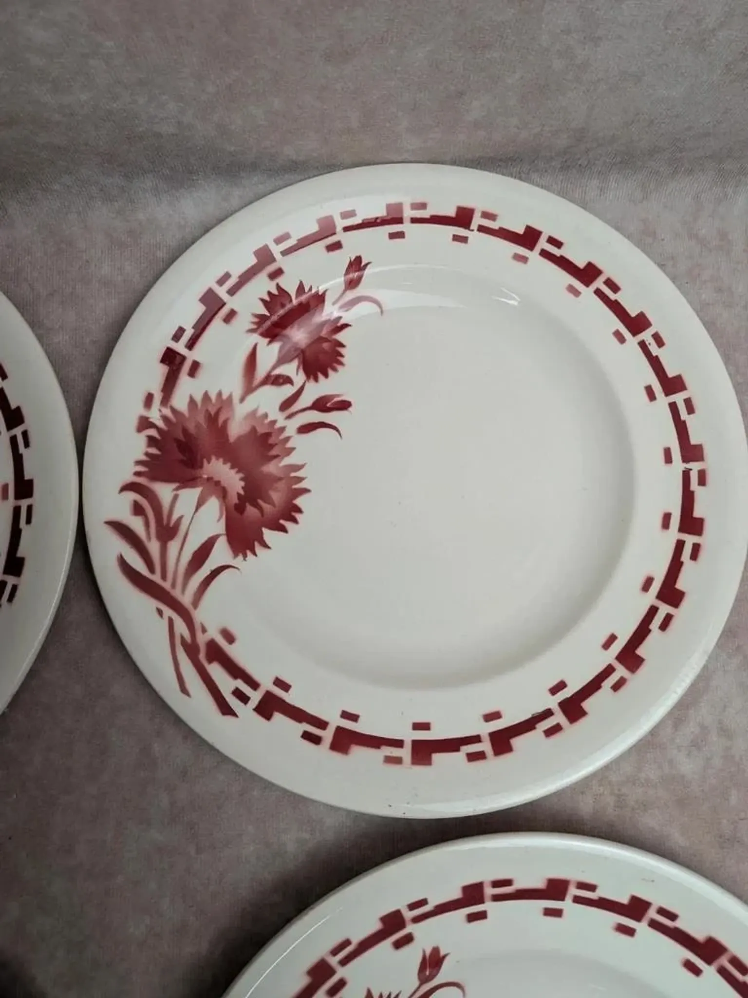 Set of 6 flat plates in ironstone Longwy – Viennese model – Red flowers