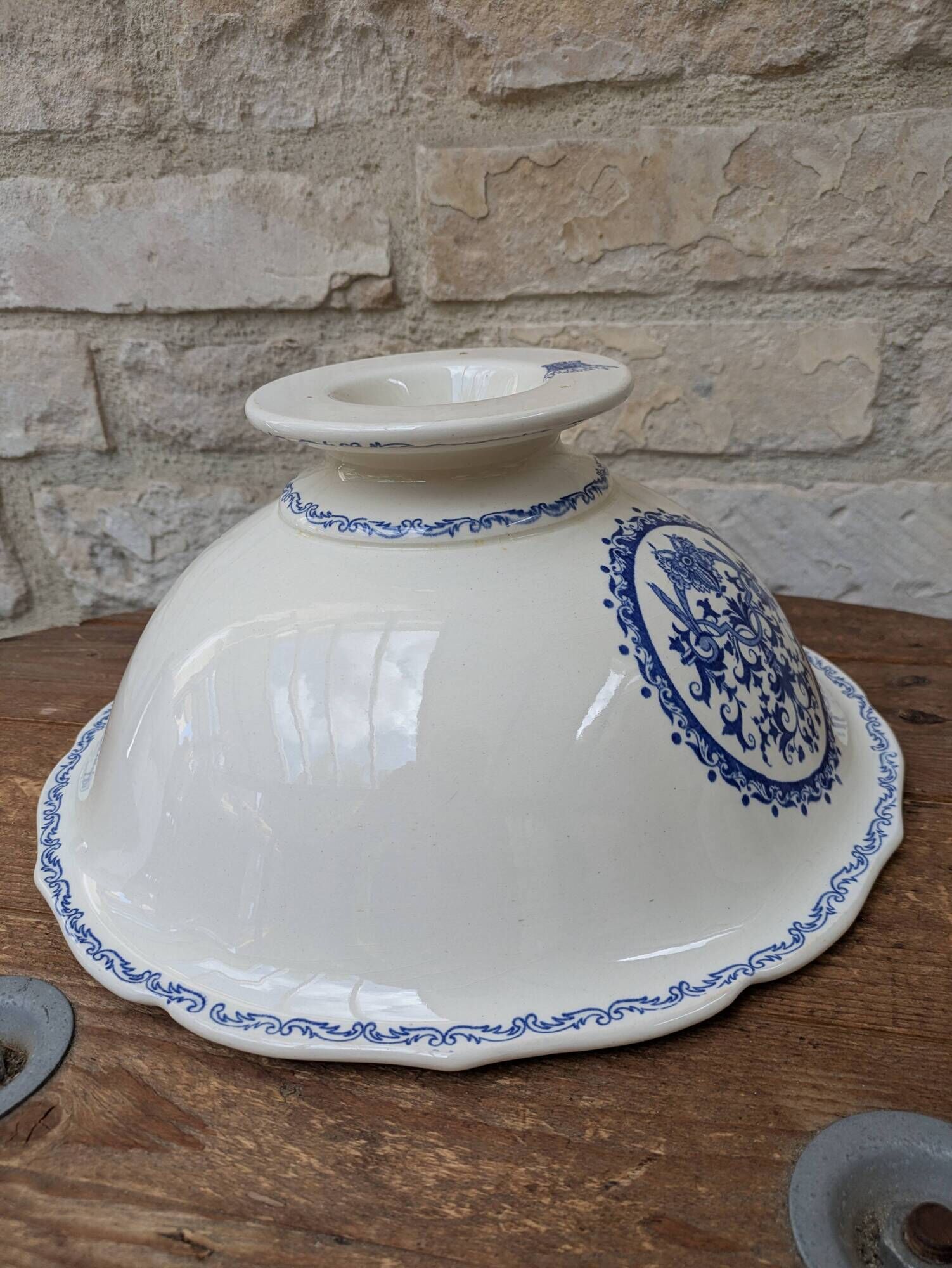 Vintage large salad bowl Gien Rouen model blue arabesques 30x14cm