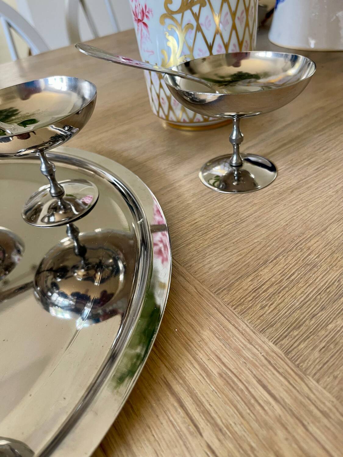 Vintage Stainless Steel Ice Cream Cups, Spoons and Trays