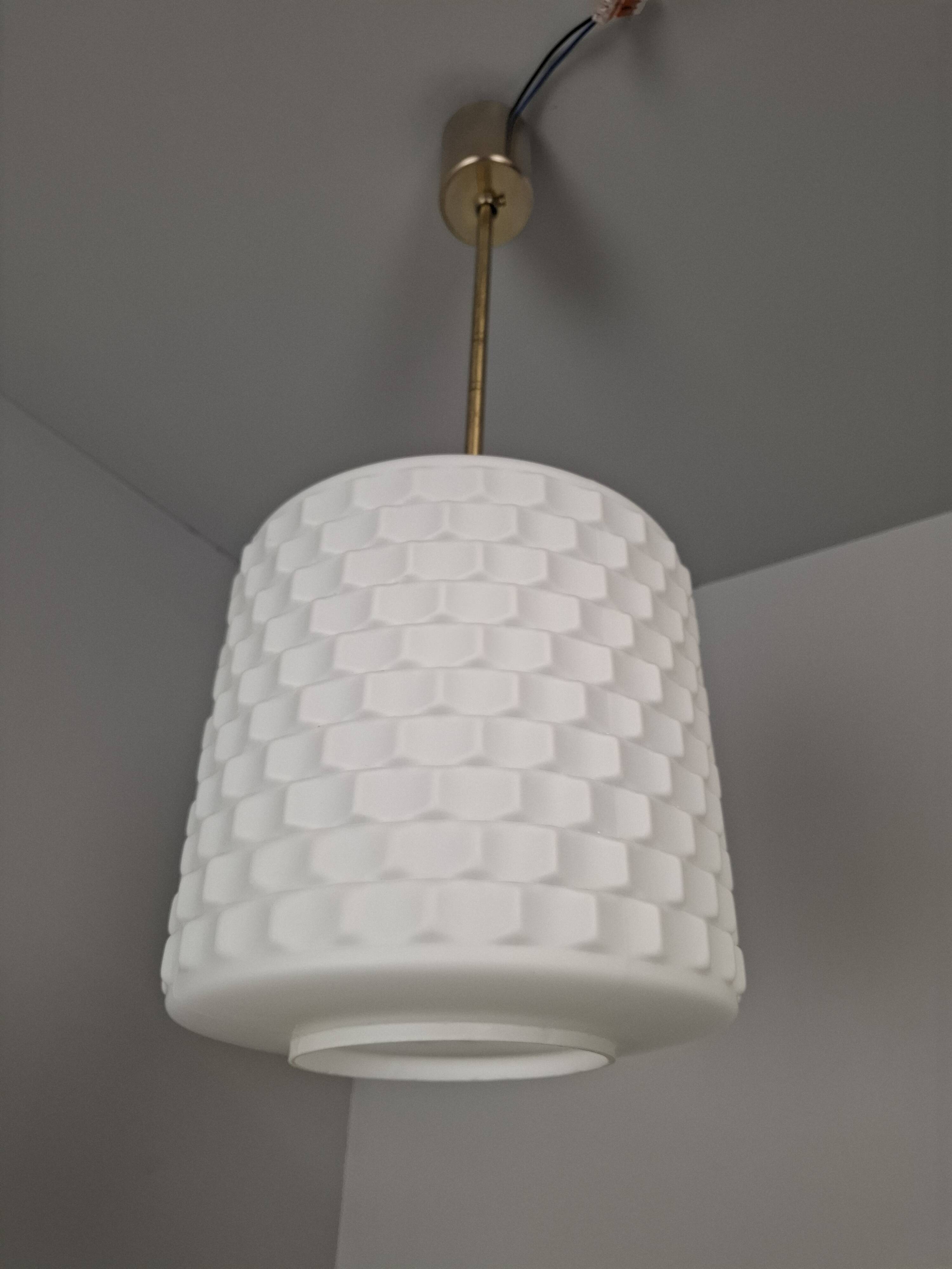Czechoslovak Midcentury Modern Pendant Lamp in Textured Glass and Brass, 19
