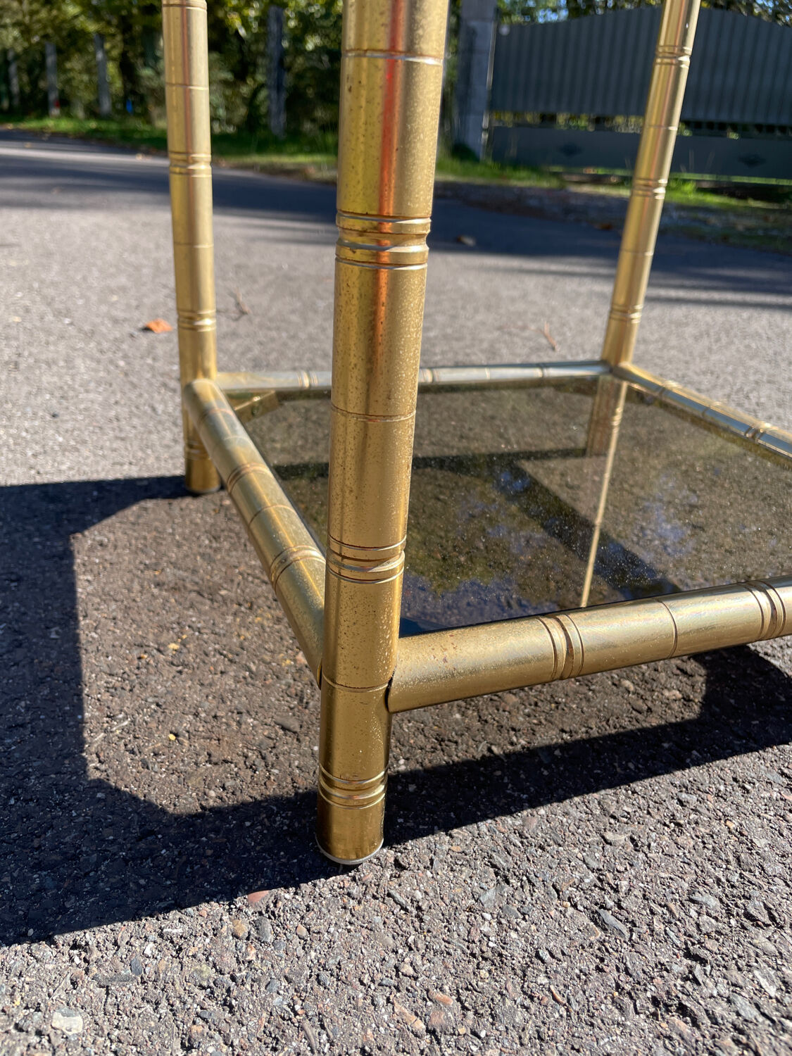 Square faux bamboo pedestal table in gold-plated brass and glass