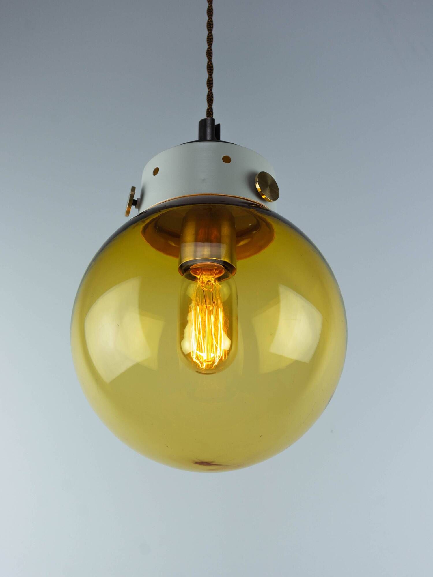 Industrial Vintage Mid-Century Modern Amber Glass And Brass Metal Lamp