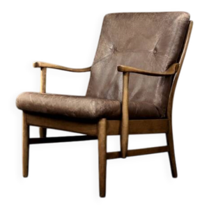 Fauteuil vintage en hêtre - cuir marron