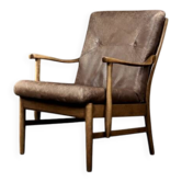 Fauteuil vintage en hêtre et cuir marron du milieu du siècle de Farstrup Møbler