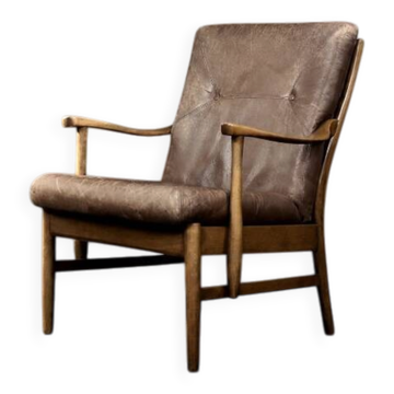 Fauteuil vintage en hêtre et cuir marron du milieu du siècle de Farstrup Møbler