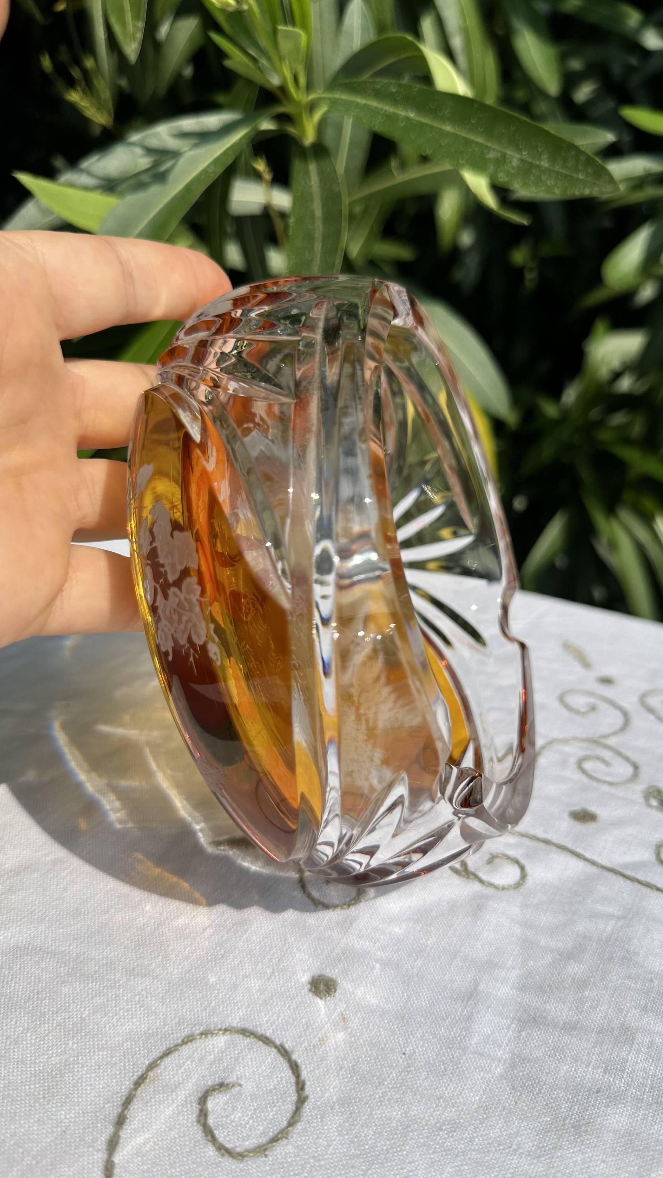Magnificent Vintage Bohemian Ashtray in Cut Crystal of Yellow Orange