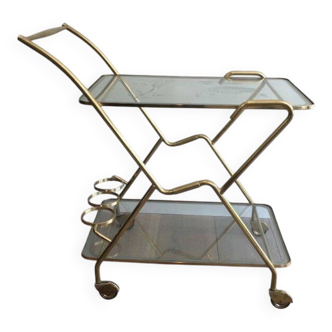 Italian designer rolling table in brass and engraved glass